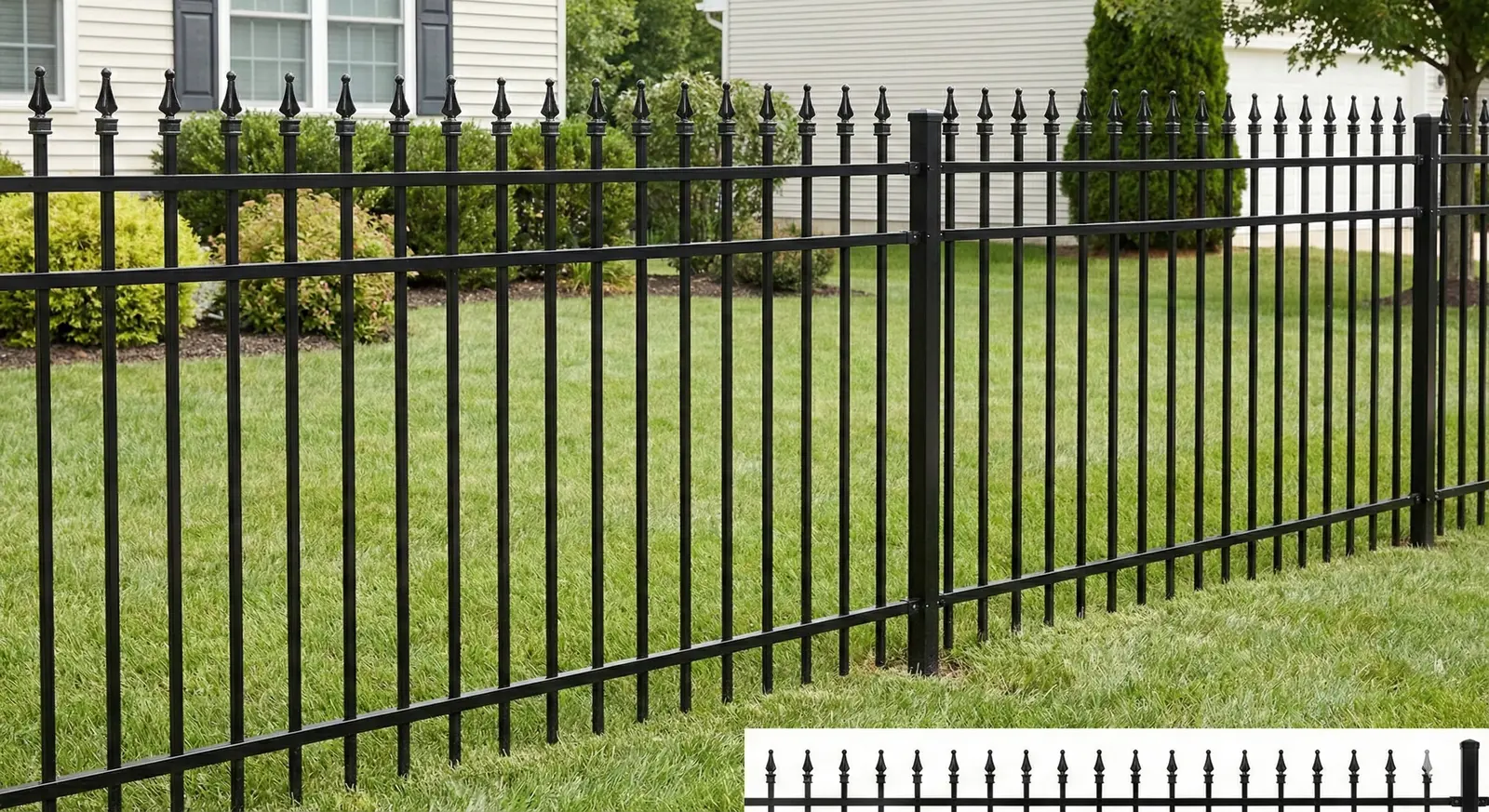 Black ornamental aluminum fence on a landscaped Orange County property