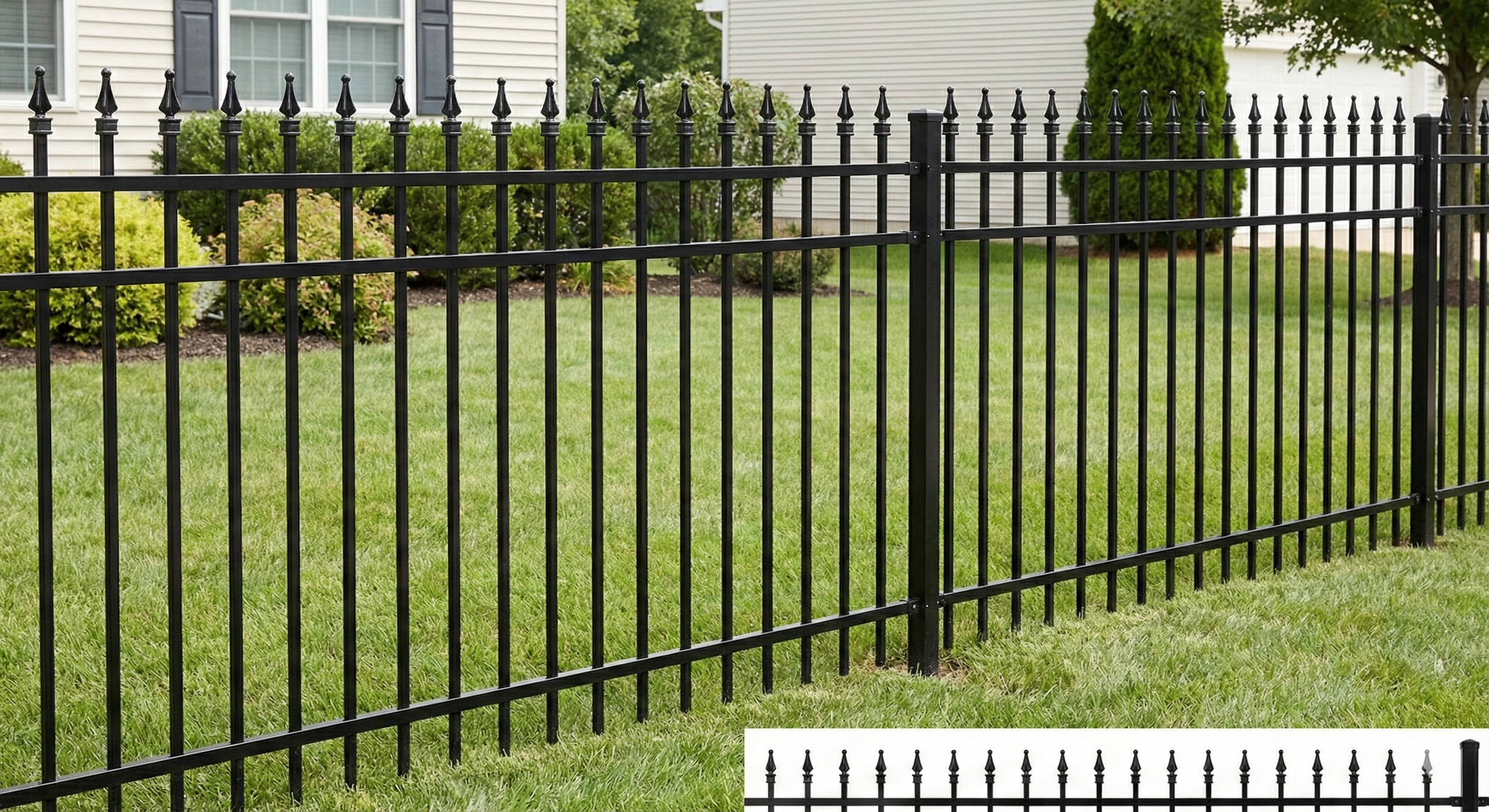 Black ornamental aluminum fence around a backyard in Middletown, NY for pool code and security